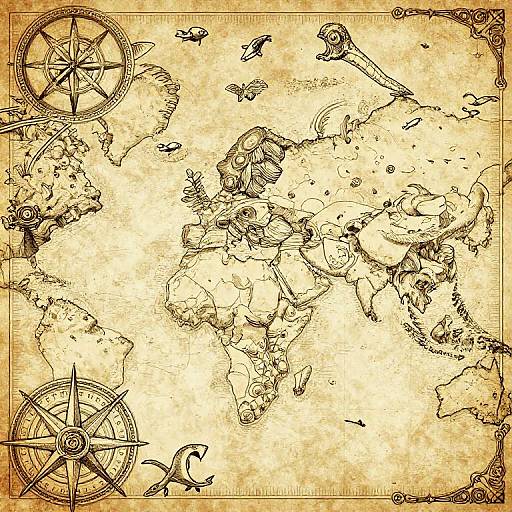 Vintage-style, sepia-toned world map with detailed black ink compasses in corners, ships, and sea creatures, evoking an old nautical