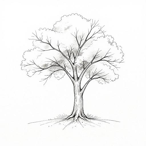 Black-and-white line drawing of a large, leafless tree with intricate branching and textured trunk, centered on a plain white background.