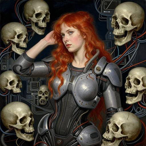 Digital art: Red-haired woman in metallic armor surrounded by floating skulls, set against a dark, circuitry-filled background. Steampunk, cyberpunk