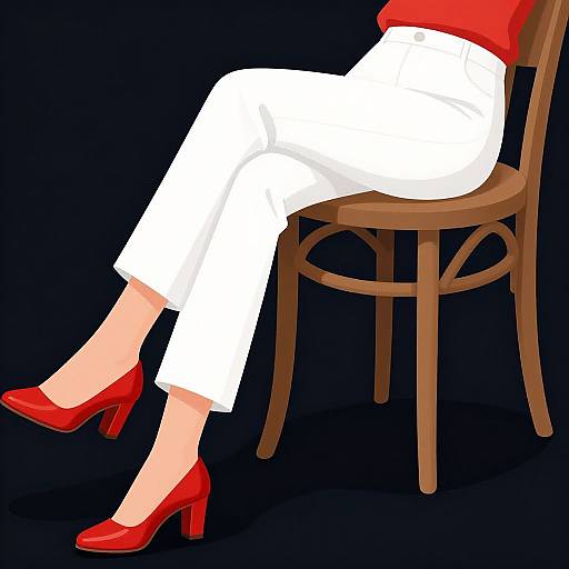 Digital illustration of a person seated on a brown chair, wearing white pants, red high heels, and a red top, against a black background.