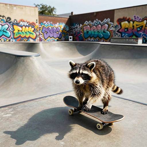 Photograph of a raccoon standing on a skateboard in a brightly lit, graffiti-covered skatepark, with colorful graffiti on the walls.