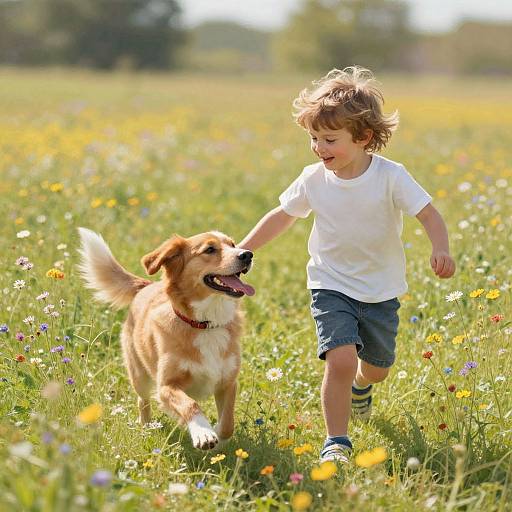 Photograph of a smiling, curly-haired toddler in a white shirt and denim shorts, running with a happy golden retriever in a sunlit, colorful