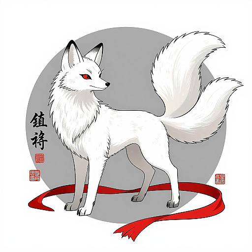 White Fox Spirit with Red Ribbon and Japanese Calligraphy