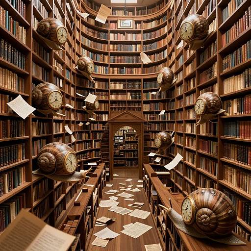 Photograph of a grand, dimly-lit library with wooden shelves filled with books, large clock spheres hanging from the ceiling, and floating papers,