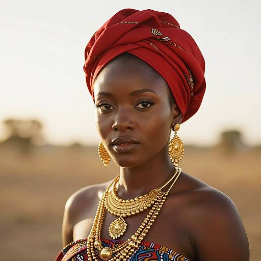 Photograph of a dark-skinned African woman with a red headwrap, wearing gold earrings and intricate necklaces, against a sunset-lit, blurred