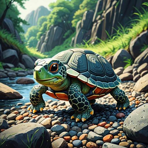 Cute Cartoon Turtle on Rocky Riverbank