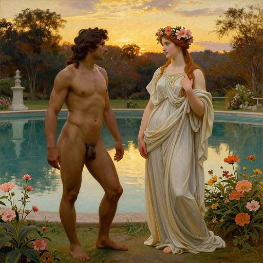 Classical painting of a muscular, naked man with dark hair facing a fair-skinned, red-haired woman in a white, flowing gown by a sunset