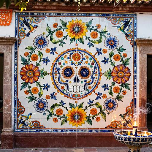 Vibrant Dia de los Muertos Tile Mural