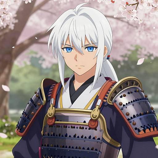 Anime-style drawing of a serious white-haired man with blue eyes in traditional Japanese samurai armor, standing under blooming cherry blossoms.