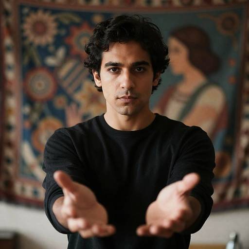 Man in Black Against Colorful Tapestry