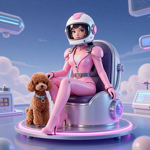 CGI image of an anime-style woman in a pink spacesuit and helmet, sitting on a futuristic chair with a brown poodle, against a sci