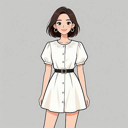 Digital illustration of an Asian woman with short black hair, wearing a white short-sleeved dress, black belt, and hoop earrings, standing against a