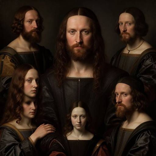Photorealistic digital painting of a Renaissance-style family portrait with six individuals, featuring a central bearded man with long hair, and five people in dark