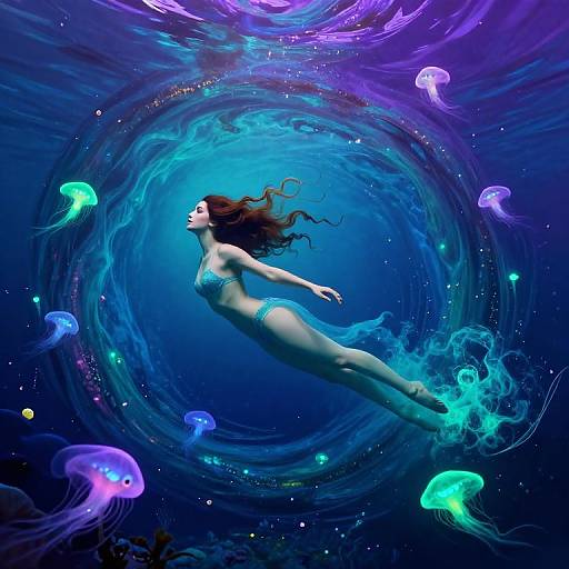 Digital artwork of a floating, ethereal woman in a blue bikini, surrounded by glowing jellyfish in a swirling, vibrant underwater vortex.
