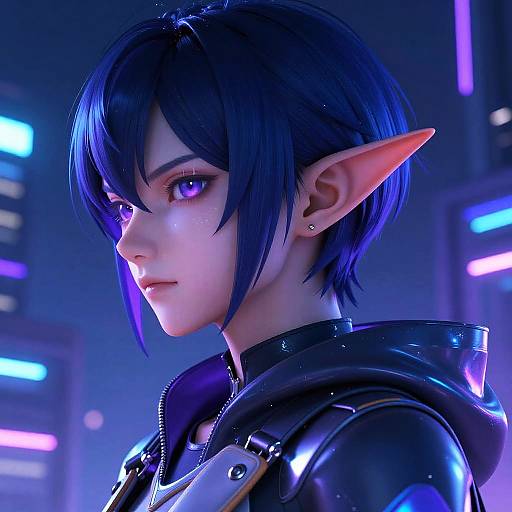Digital CGI portrait of an androgynous elf with short blue hair, pointed ears, purple eyes, and black futuristic armor in a neon-lit