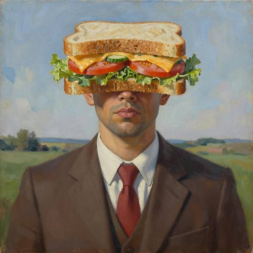 Surreal Oil Painting of Man with Sandwich Head