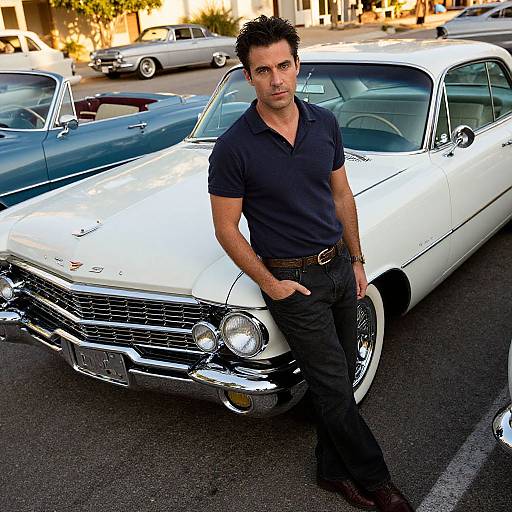 Photograph of a muscular, dark-haired man in a black polo and jeans leaning against a white vintage car on a sunny street.