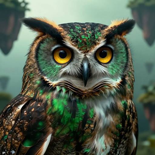 Digital illustration of a vibrant, green and brown speckled owl with large, intense yellow eyes, set against a blurred, misty forest background.