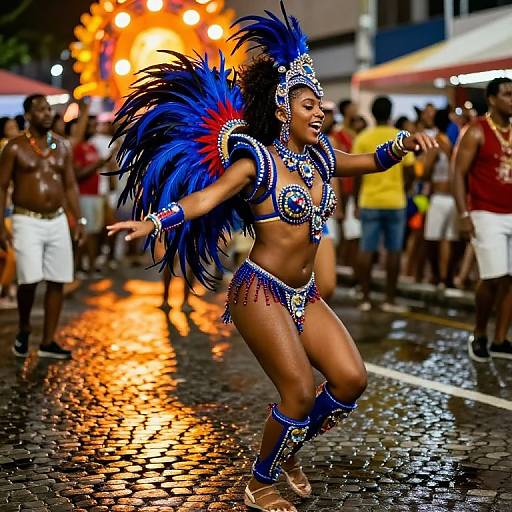 Photograph of a dancing woman in vibrant blue and silver Carnival costume with large feather headdress, performing on a wet cobblestone street at night,