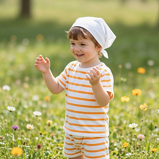 Photograph of a smiling toddler in orange and white striped outfit and white cap, standing in a sunlit, colorful meadow.