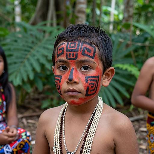 Photograph of a young boy with dark skin and short black hair, face painted in red and black geometric patterns, wearing white beaded necklace, in
