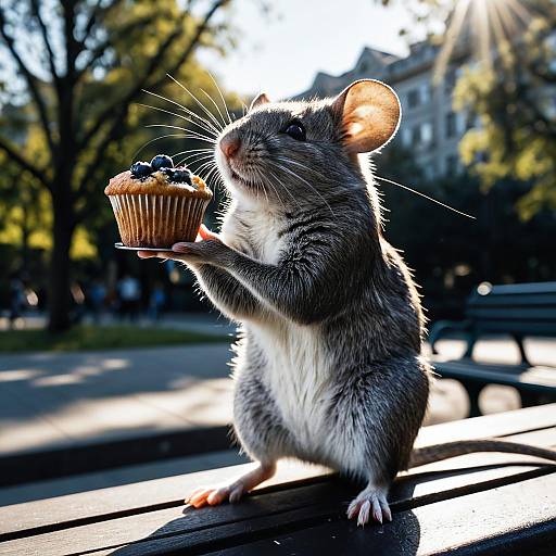 Mouse Holding Blueberry Muffin in Park