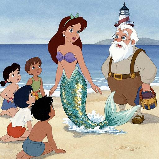Digital cartoon: Mermaid with purple seashell top and green-scaled tail, surrounded by four children and old bearded man with lighthouse hat