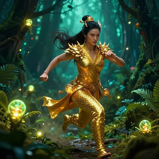 Digital art: Asian woman with long black hair, golden scale armor, and crown, running through a glowing, enchanted forest. Surrounding her are lum