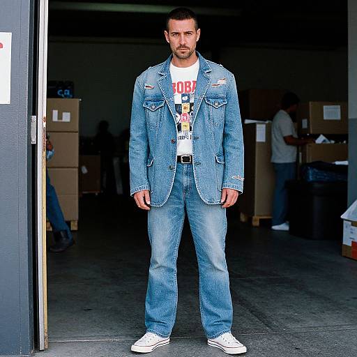 Man in Distressed Denim Suit at Loading Dock