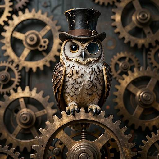 Steampunk Owl on Giant Cogwheel