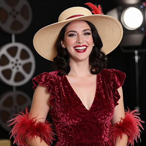 Photograph of a smiling woman with fair skin, wearing a red velvet dress, red feathered arm cuffs, and a wide-brimmed straw hat