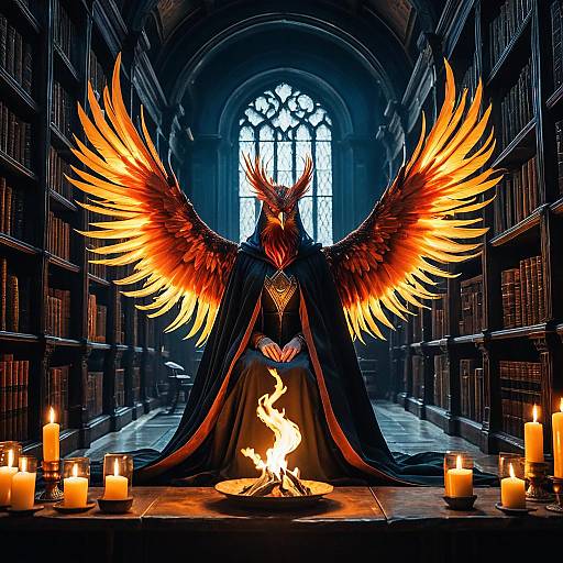 Majestic Phoenix and Cloaked Sorceress in Ancient Library