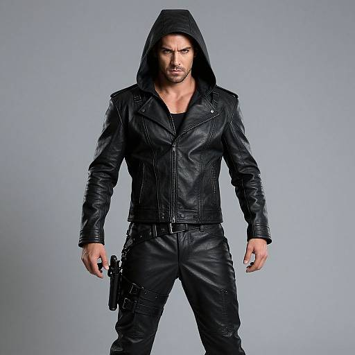 Photograph of a muscular, bearded man in a black leather hooded jacket and pants, holding a gun in his right hand, against a plain