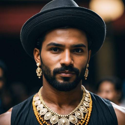 Dark-Skinned Man in Bollywood Costume with Jewelry