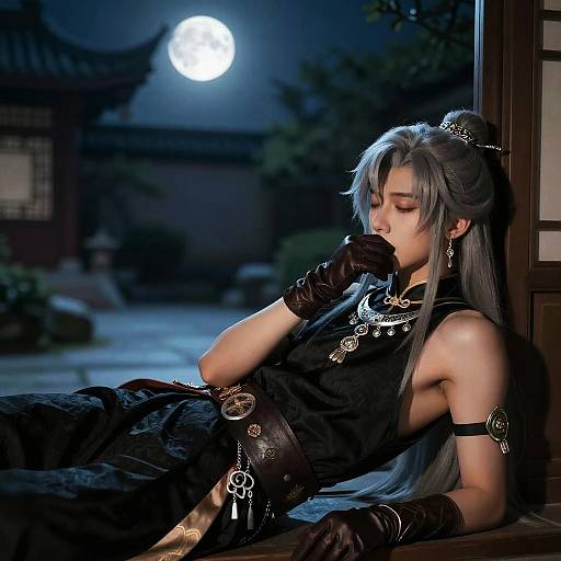 Aether Genshin Impact Cosplay in Moonlit Courtyard