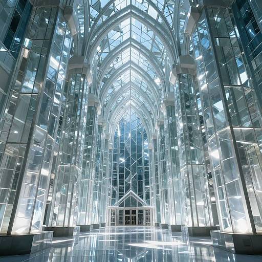 Photograph of a modern, glass-walled atrium with arched, white-framed skylights, reflecting bright blue sky and white lights,