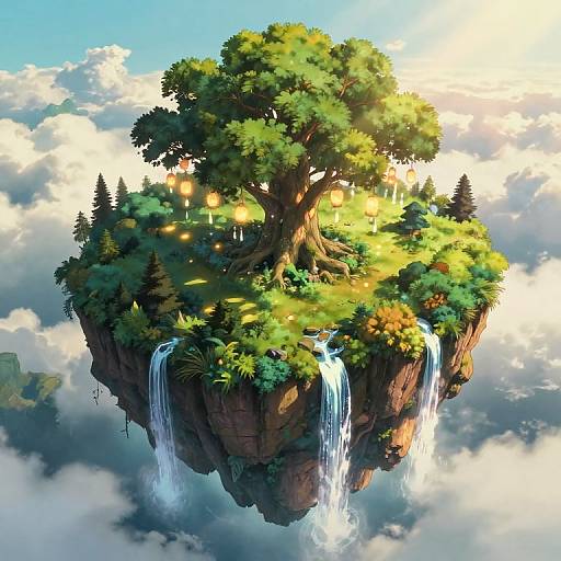 Digital art of a floating island with a lush, green tree, waterfalls, glowing lanterns, and surrounded by fluffy clouds.