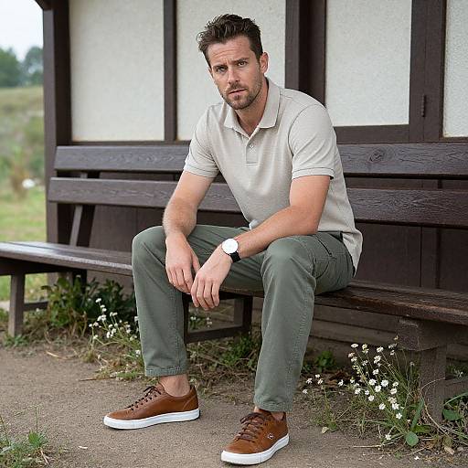 Photograph of a muscular, bearded man with short brown hair, wearing a white polo, green pants, brown sneakers, and a watch, sitting