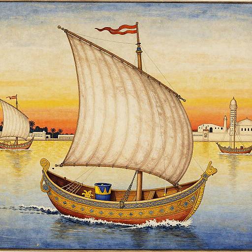 Mughal Miniature Arabian Dhow Sunset