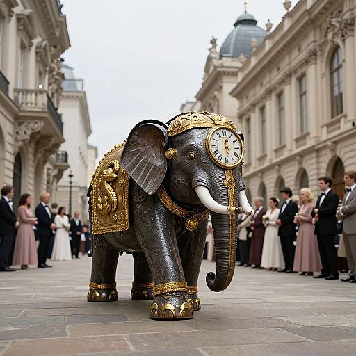 Photograph of a decorative, clock-faced elephant with gold accents, standing in an ornate, historic European street, surrounded by elegantly dressed guests.