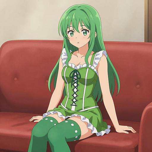 Anime Woman in Green Corset Dress on Red Sofa