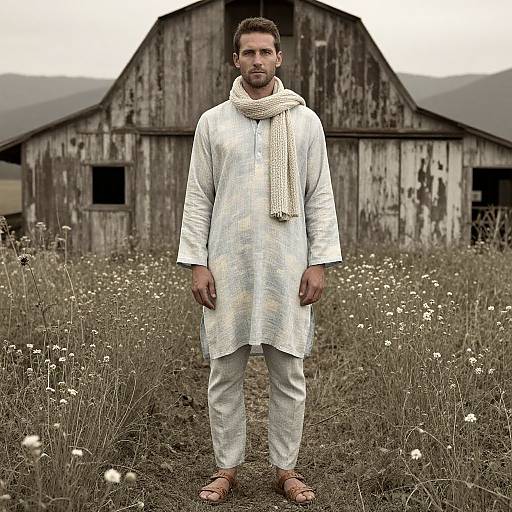Photograph of a bearded man in white traditional attire and beige scarf, standing in a field of white wildflowers, with an old, weathered