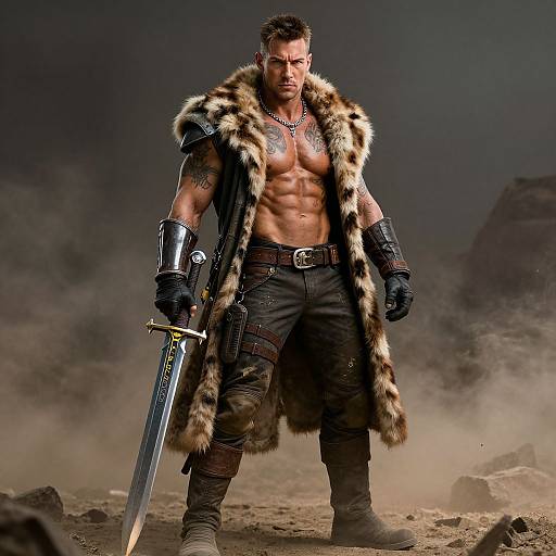 Muscular, tattooed man with fur cloak, leather armor, and gauntlets, holding a sword, standing in dusty, rocky landscape. Phot
