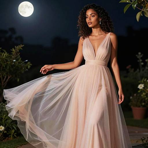 Photograph of a curly-haired woman in a flowing, pale pink, V-neck, sleeveless gown, standing outdoors at night under a full moon,