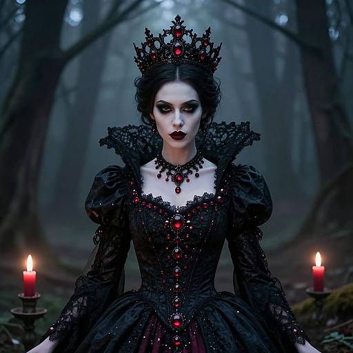 Gothic queen in black lace dress, red gems, crown, and dark makeup, surrounded by candles in a misty forest. Digital art.