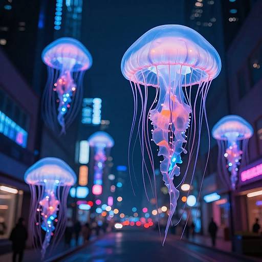 Photograph of glowing blue and pink jellyfish floating in a neon-lit city street at night, surrounded by blurred, colorful lights.