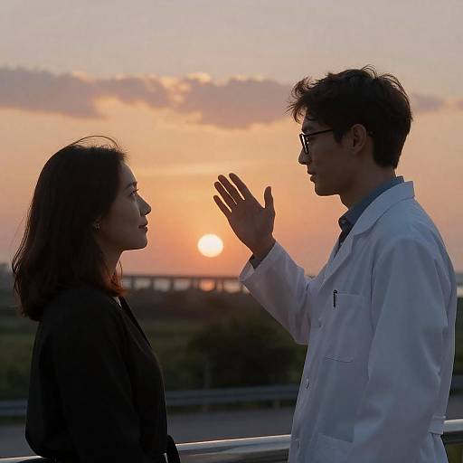 Conversation at Sunset Between Man and Woman