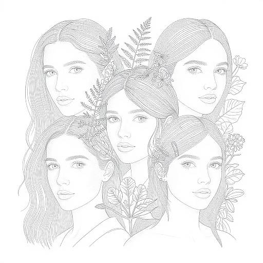 Black-and-white line drawing of four women with floral crowns, overlapping faces, delicate hatching, and serene expressions, creating a harmonious, eth