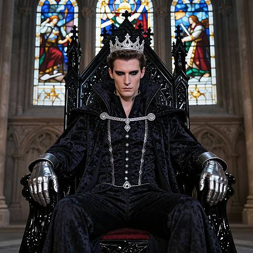 Photograph of a dark-haired man in a black velvet crown, matching robe, and metallic gauntlets, sitting on a black throne in front of
