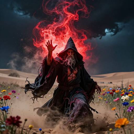 Digital artwork of a menacing, dark-robed wizard with a fiery red head of flames, kneeling in a desert of colorful wildflowers.